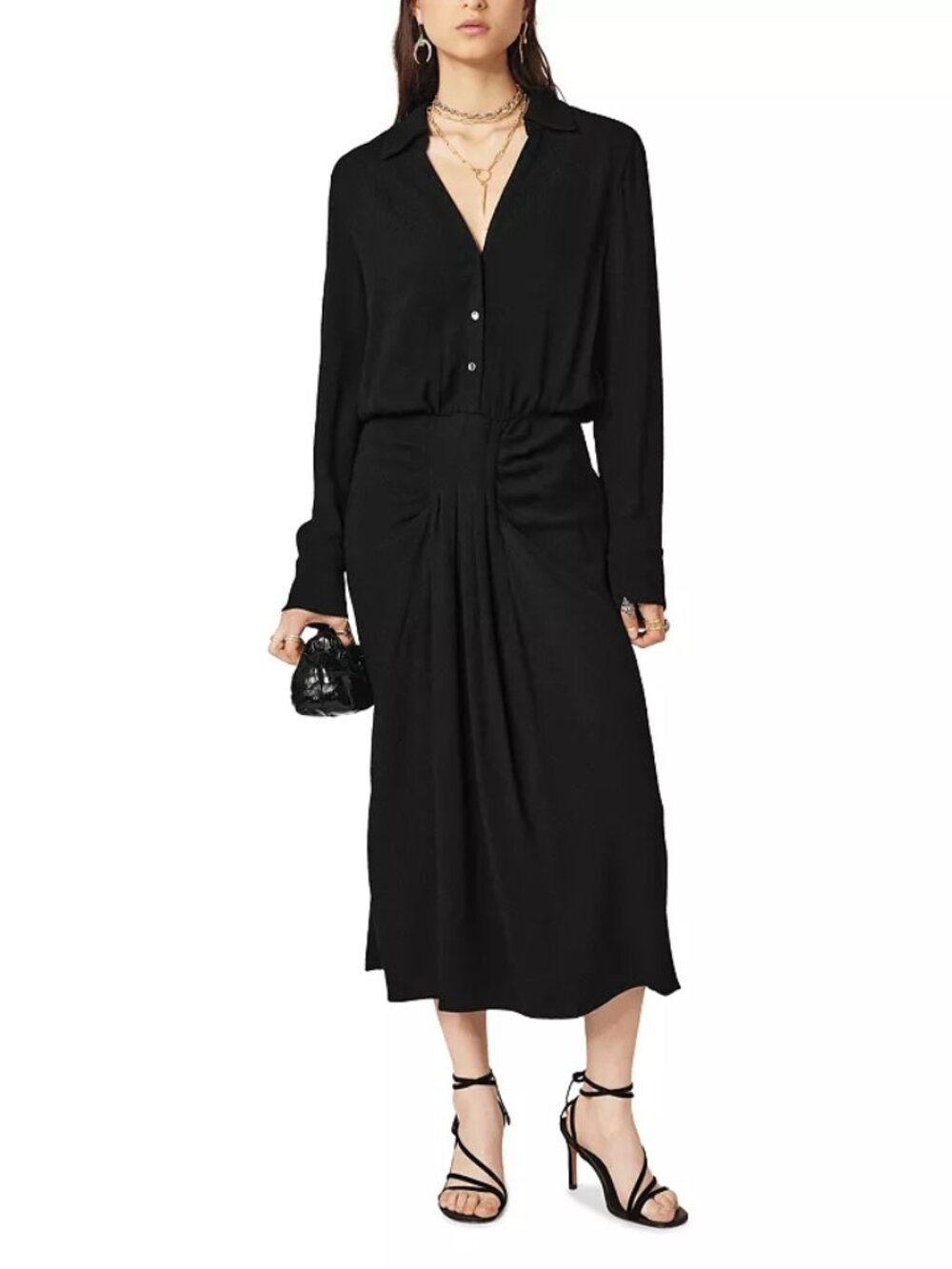 NWOT: ba&sh Black Collared Long-Sleeve Midi Dress with Front Gather